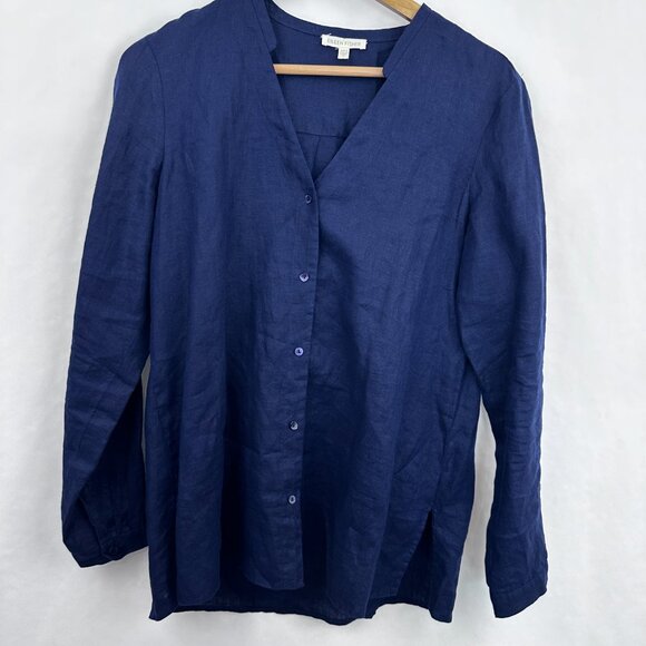 Eileen Fisher Womens Irish Linen Tunic Button Down Shirt V‎ -Neck Navy Blue Sz S - Picture 7 of 7